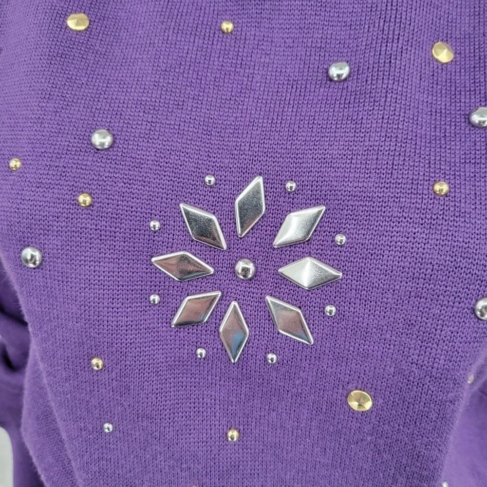 Kaelin 80s Purple Embellished Turtleneck Sweater Cinched Waist Vintage Women's